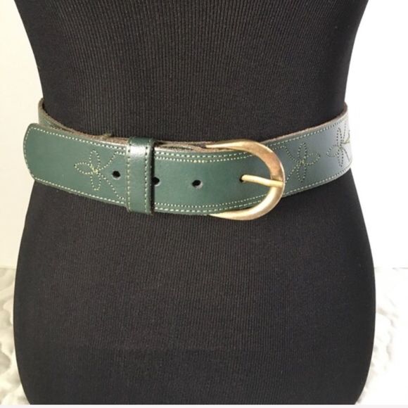 Embroidered Bridle Stitch Belt Green Brass - Picture 9 of 9